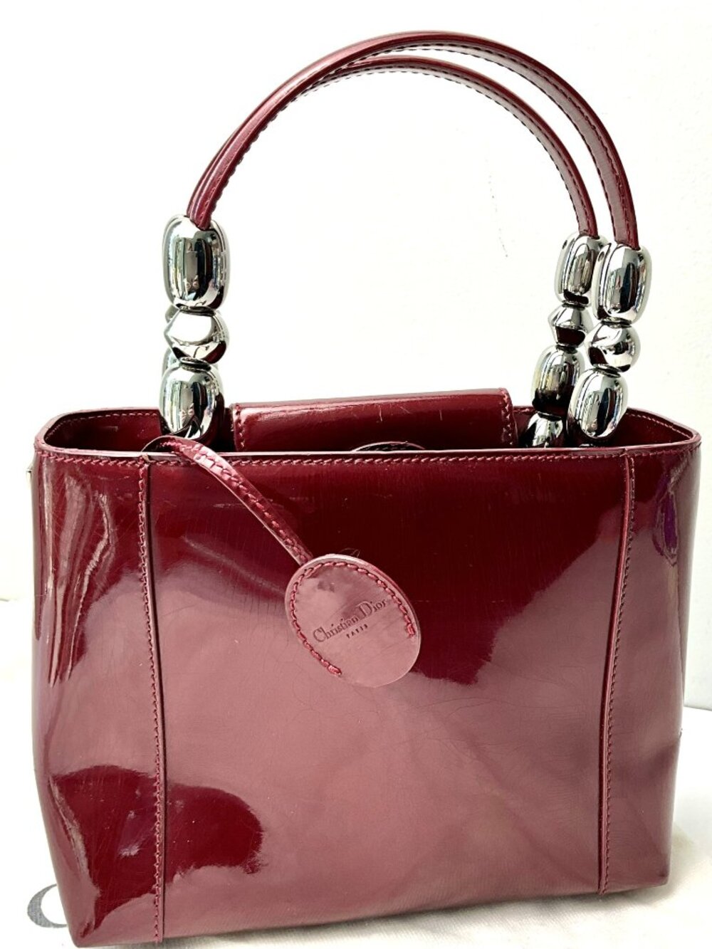 Vintage Christian Dior Bordeaux Patent Leather Mini Handbag Silver Hardware - Picture 3 of 10